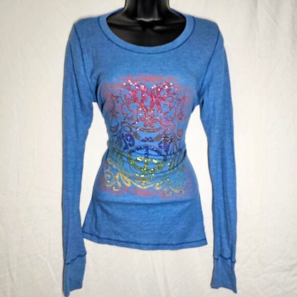 jake's Tops - Vintage y2k peace sign rhinestone lightweight thermal long sleeve